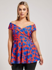Yours Curve Red Floral Tuxedo Peplum Top - Image 1 of 5