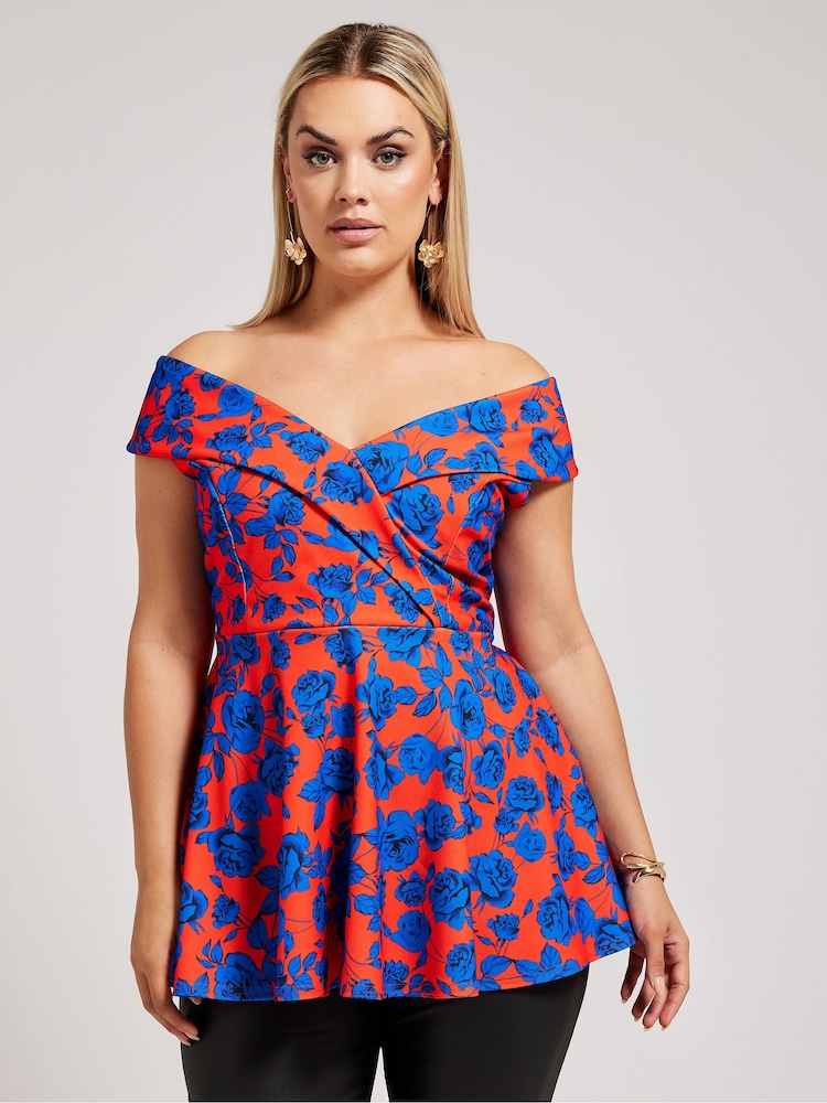 Yours Curve Red Floral Tuxedo Peplum Top - Image 1 of 5