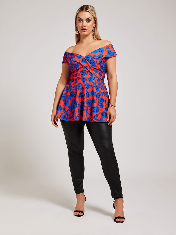 Yours Curve Red Floral Tuxedo Peplum Top - Image 2 of 5
