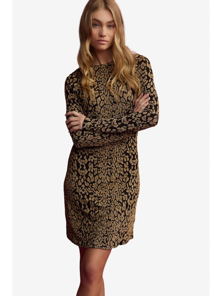 Animal Glitter Print Long Sleeve Glitter Jaquard Mini Dress - Image 1 of 7