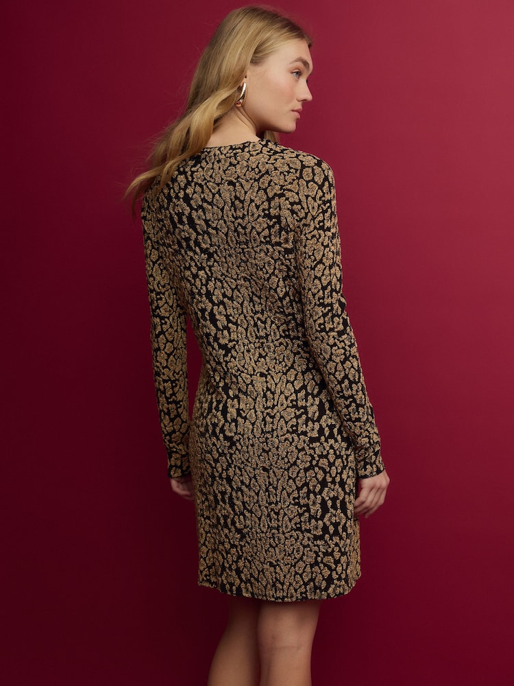 Animal Glitter Print Long Sleeve Glitter Jaquard Mini Dress - Image 3 of 7