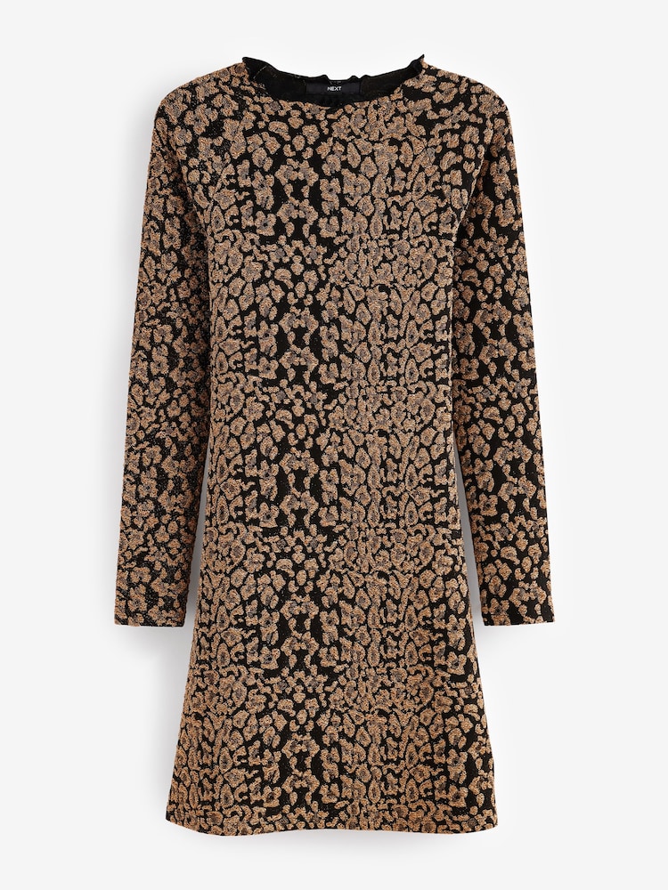 Animal Glitter Print Long Sleeve Glitter Jaquard Mini Dress - Image 5 of 7