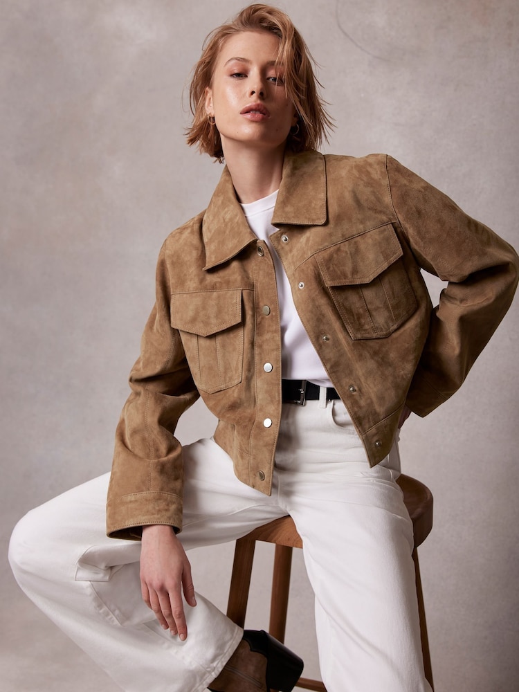 Mint Velvet Brown Suede Cropped Jacket - Image 1 of 4