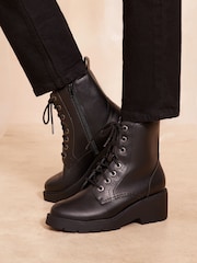 Friends Like These Black Low Wedge Lace Up Chunky Faux Leather Ankle Boot - Image 1 of 4