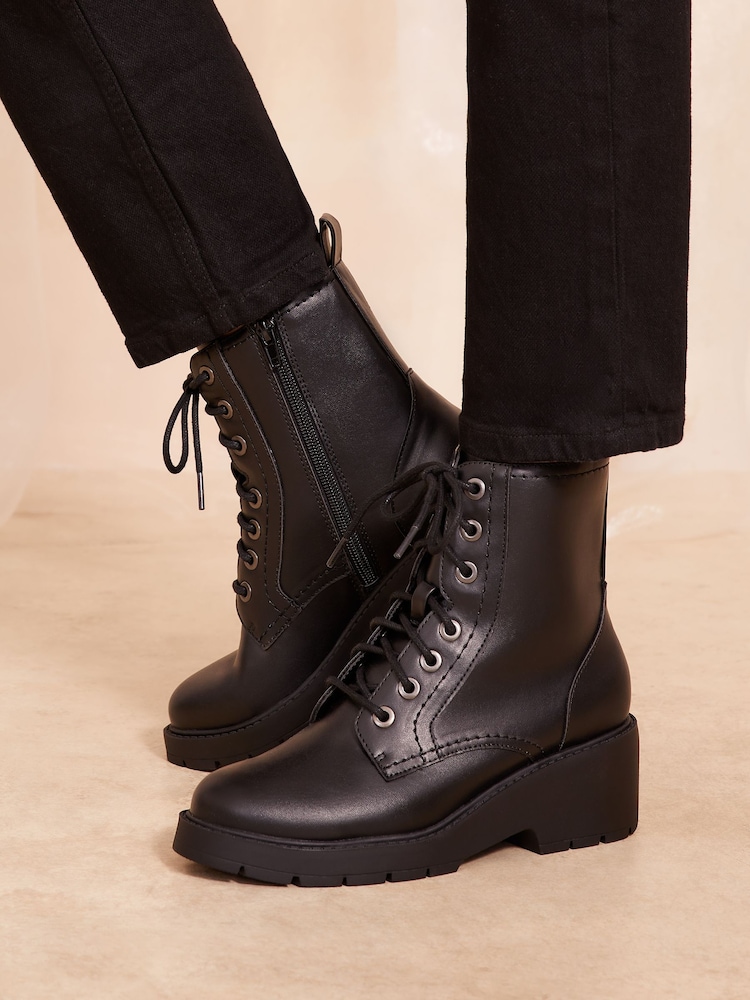 Friends Like These Black Low Wedge Lace Up Chunky Faux Leather Ankle Boot - Image 1 of 4