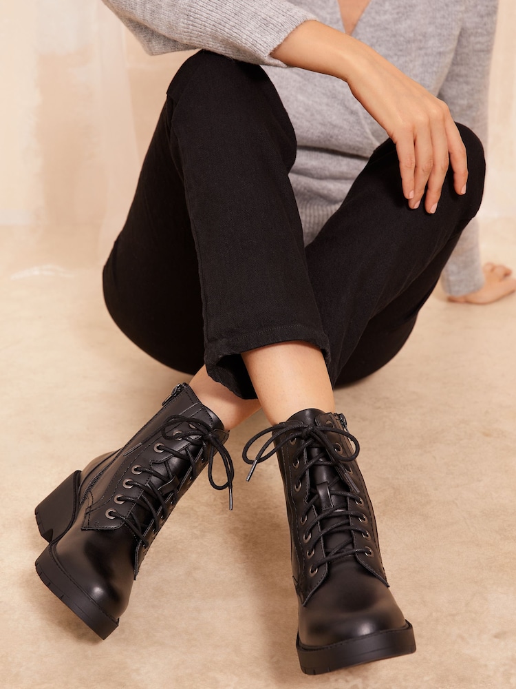 Friends Like These Black Low Wedge Lace Up Chunky Faux Leather Ankle Boot - Image 2 of 4