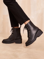 Friends Like These Black Low Wedge Lace Up Chunky Faux Leather Ankle Boot - Image 4 of 4