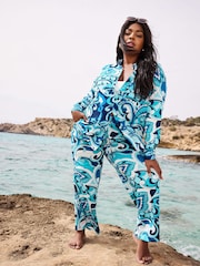 Azul - Yours Curve Leaf Print Drawstring Wide Leg Trousers - Imagen 1 de 6
