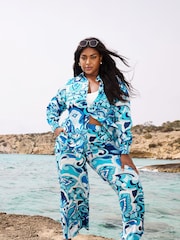Azul - Yours Curve Leaf Print Drawstring Wide Leg Trousers - Imagen 2 de 6