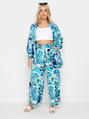 Azul - Yours Curve Leaf Print Drawstring Wide Leg Trousers - Imagen 4 de 6