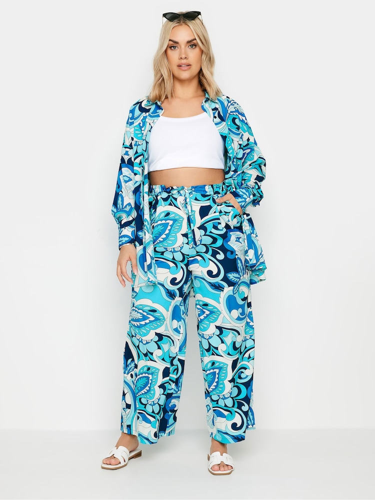 Blauw - Yours Curve Leaf Print Drawstring Wide Leg Trousers - Image 4 of 6