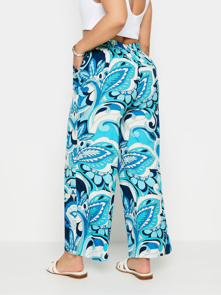 Blauw - Yours Curve Leaf Print Drawstring Wide Leg Trousers - Image 5 of 6
