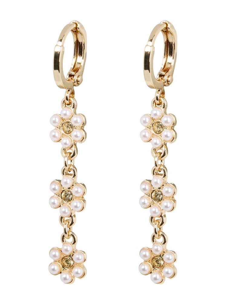 Oliver Bonas White Faux Fur Pearl Flower Drop Huggie Rosaria Earrings - Image 1 of 5
