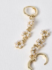 Oliver Bonas White Faux Fur Pearl Flower Drop Huggie Rosaria Earrings - Image 3 of 5