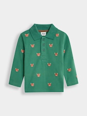 JoJo Maman Bébé Green Highland Cow Long Sleeve Embroidered Polo Shirt - Image 1 of 3