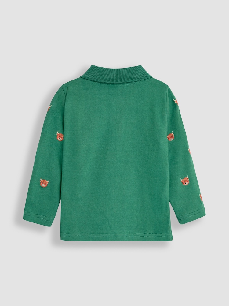 JoJo Maman Bébé Green Highland Cow Long Sleeve Embroidered Polo Shirt - Image 2 of 3