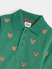 JoJo Maman Bébé Green Highland Cow Long Sleeve Embroidered Polo Shirt - Image 3 of 3