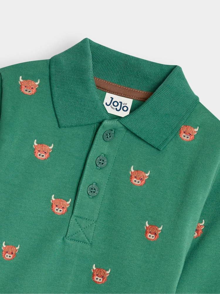 JoJo Maman Bébé Green Highland Cow Long Sleeve Embroidered Polo Shirt - Image 3 of 3