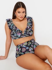 Yours Curve Black Paisley Print Frill Bikini Top - Image 1 of 5