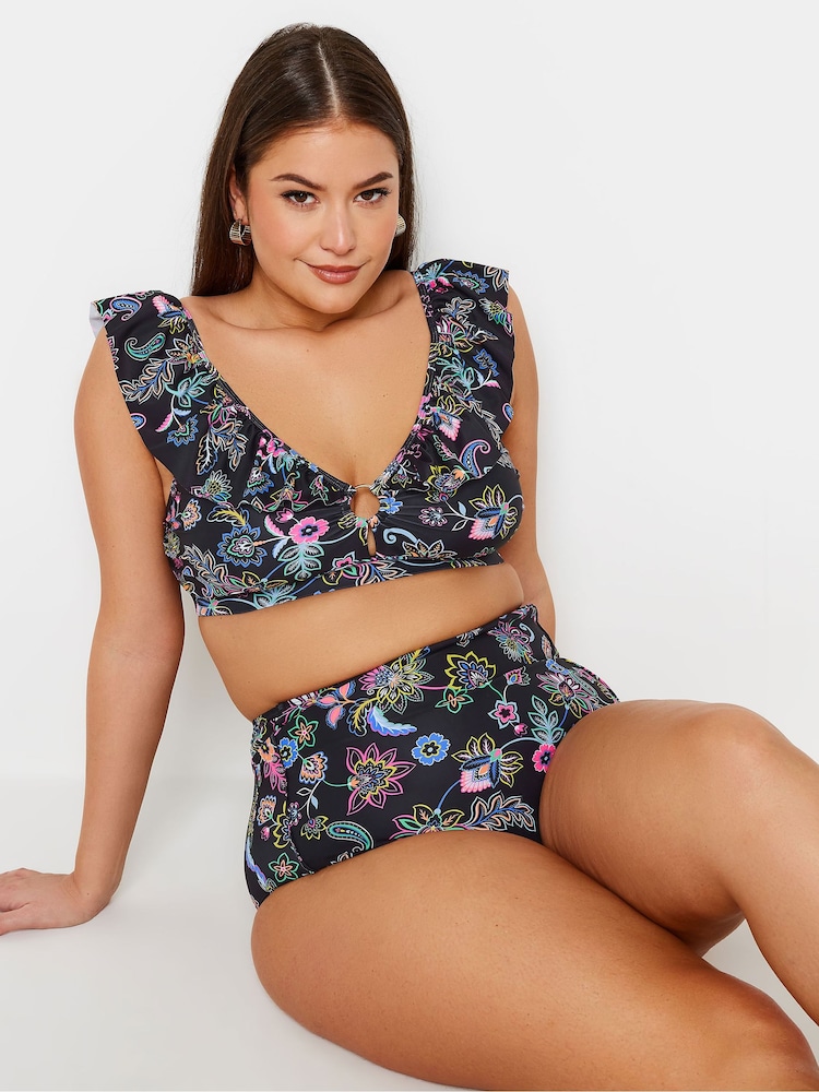 Yours Curve Black Paisley Print Frill Bikini Top - Image 1 of 5