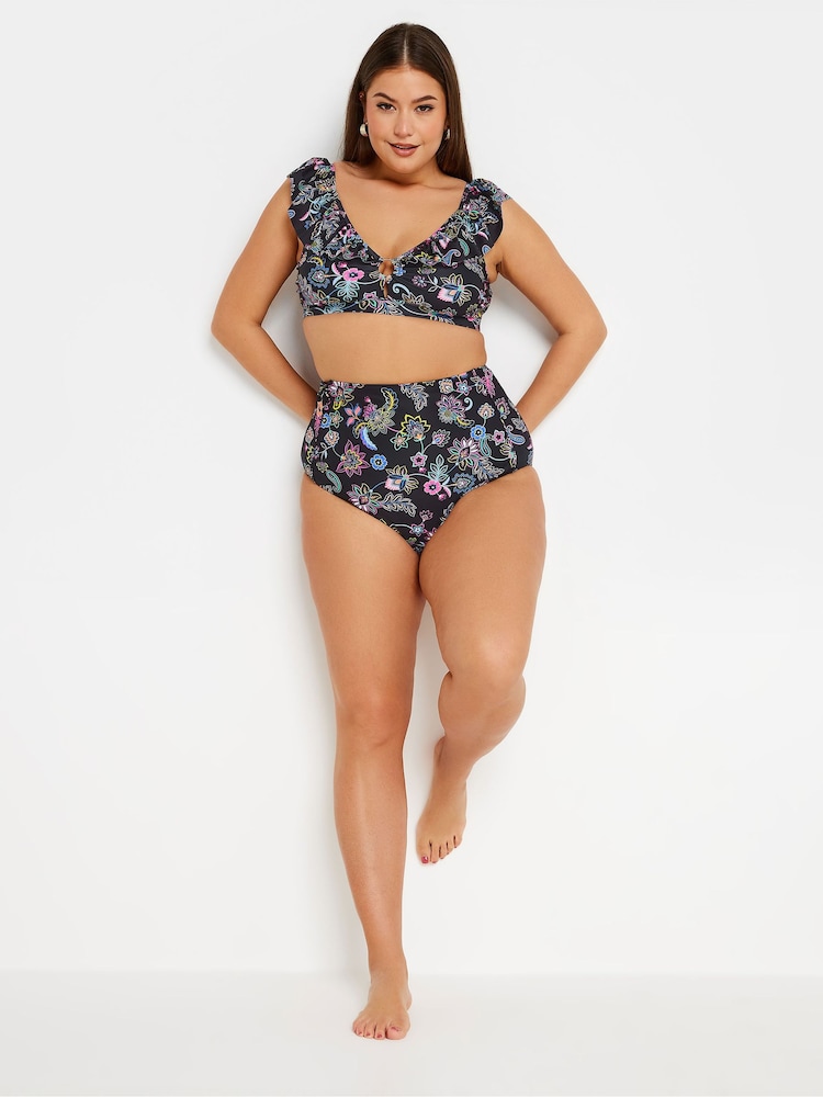 Yours Curve Black Paisley Print Frill Bikini Top - Image 2 of 5