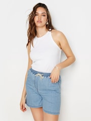 Long Tall Sally Light Blue 100% Cotton Tie Waist Denim Shorts - Image 1 of 5