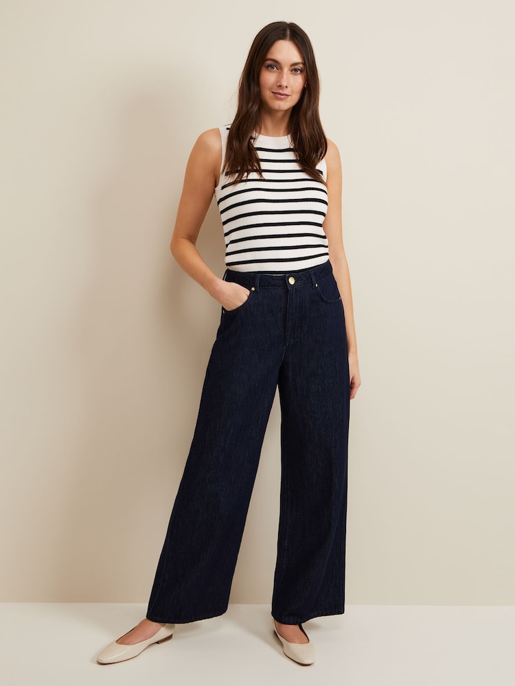 Phase Eight Blue Liana Dark Wash Wide Leg 100% Cotton Jeans - Image 1 of 7