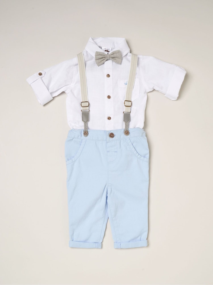 Little Gent Blue 100% Cotton Shirt Bodysuit Bowtie Loop Brace & Trousers Outfit Set - Image 1 of 4