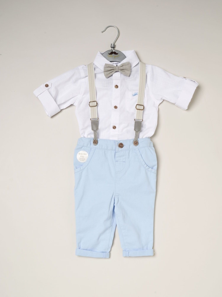 Little Gent Blue 100% Cotton Shirt Bodysuit Bowtie Loop Brace & Trousers Outfit Set - Image 2 of 4