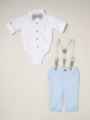 Little Gent Blue 100% Cotton Shirt Bodysuit Bowtie Loop Brace & Trousers Outfit Set - Image 3 of 4