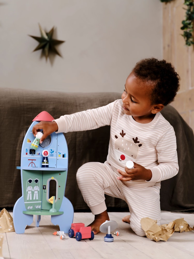 JoJo Maman Bébé Cream Cotton Christmas Reindeer Striped Pyjamas - Image 2 of 9