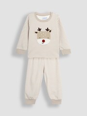 JoJo Maman Bébé Cream Cotton Christmas Reindeer Striped Pyjamas - Image 5 of 9