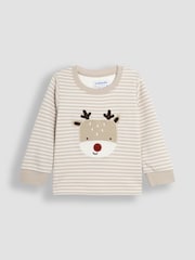 JoJo Maman Bébé Cream Cotton Christmas Reindeer Striped Pyjamas - Image 6 of 9