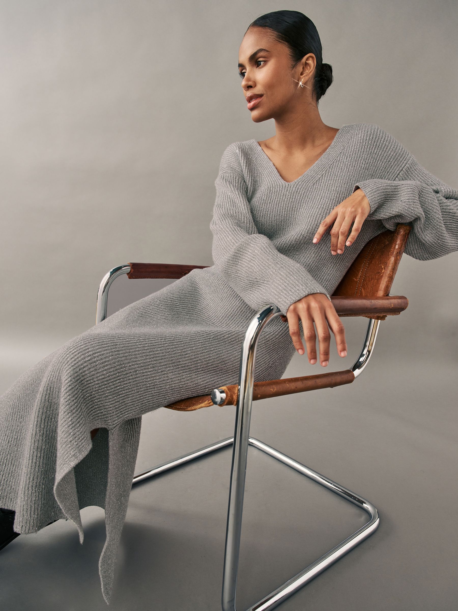 Buy Silver Sparkle Long Sleeve V Neck Midi Ribbed Knitted Jumper Dress from Next Turkey