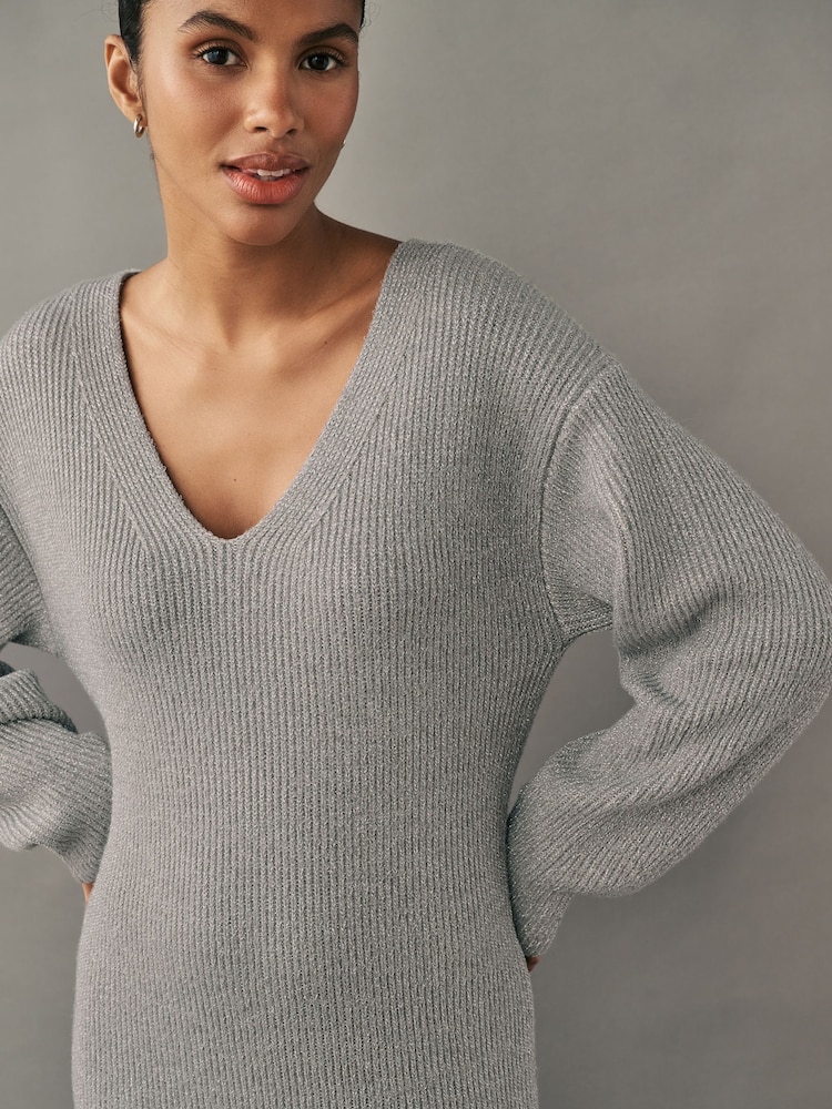 Buy Silver Sparkle Long Sleeve V-Neck Midi Ribbed Knitted Jumper Dress from  the Next UK online shop
