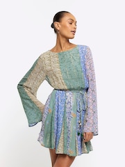 River Island Blue Patchwork Belted Shift Mini Dress - Image 1 of 6