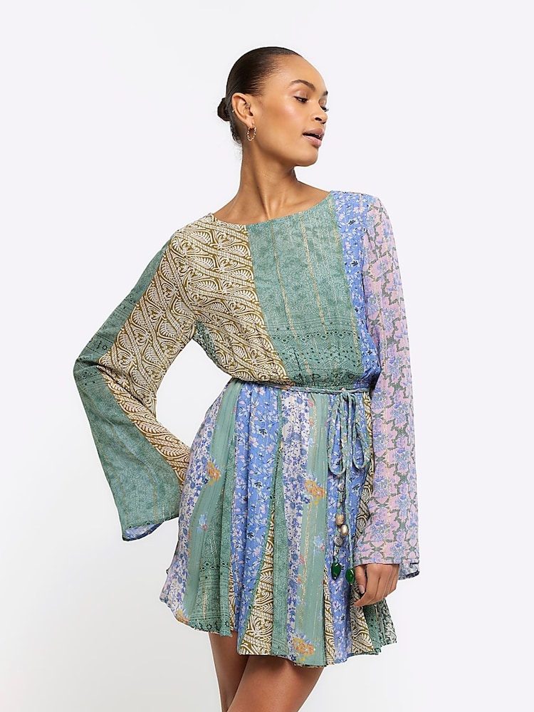River Island Blue Patchwork Belted Shift Mini Dress - Image 1 of 6