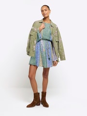 River Island Blue Patchwork Belted Shift Mini Dress - Image 3 of 6