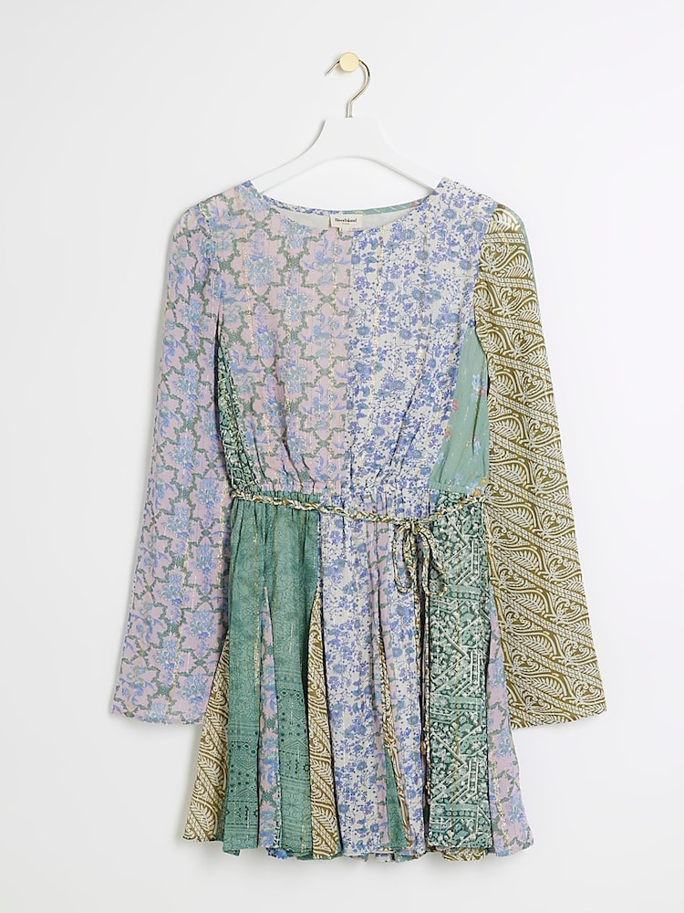 River Island Blue Patchwork Belted Shift Mini Dress - Image 6 of 6