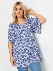 Yours Curve Blue Floral Pleated Swing Top - Image 1 of 5