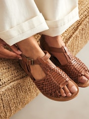 Tan Brown Leather Weave Huaraches Sandals - Image 2 of 8