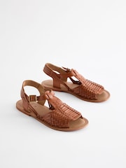 Tan Brown Leather Weave Huaraches Sandals - Image 3 of 8