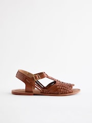 Tan Brown Leather Weave Huaraches Sandals - Image 4 of 8