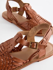 Tan Brown Leather Weave Huaraches Sandals - Image 6 of 8
