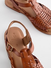 Tan Brown Leather Weave Huaraches Sandals - Image 7 of 8