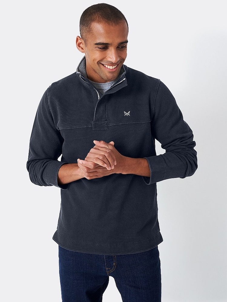 Crew Clothing Blue Navy Stripe Padstow 100% Cotton Piqué Sweatshirt - Image 1 of 4