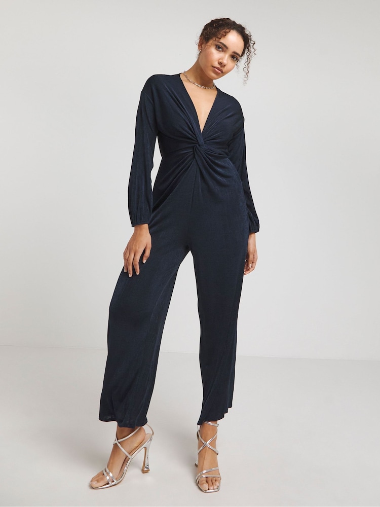 Simply Be Blue Slinky Knot Front Jumpsuit - Image 1 of 4 Simply Be Blue Slinky Knot Front Jumpsuit - Image 1 of 4