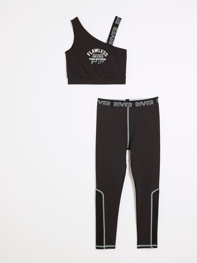 River Island Black Girls Active 100% Cotton Top and Leggings Set - Image 1 of 4