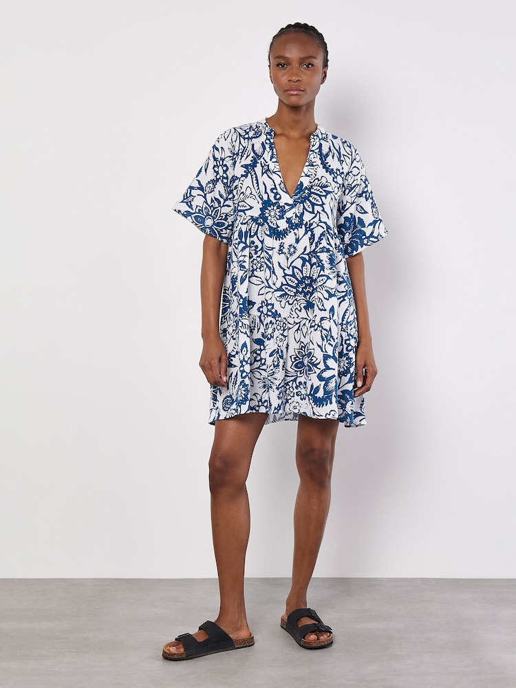 Apricot Blue Floral 100% Cotton Mini Dress - Image 4 of 4
