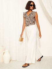Friends Like These Leopard Animal Sleeveless Ruffle Tie Front Woven Blouse - Image 2 of 4